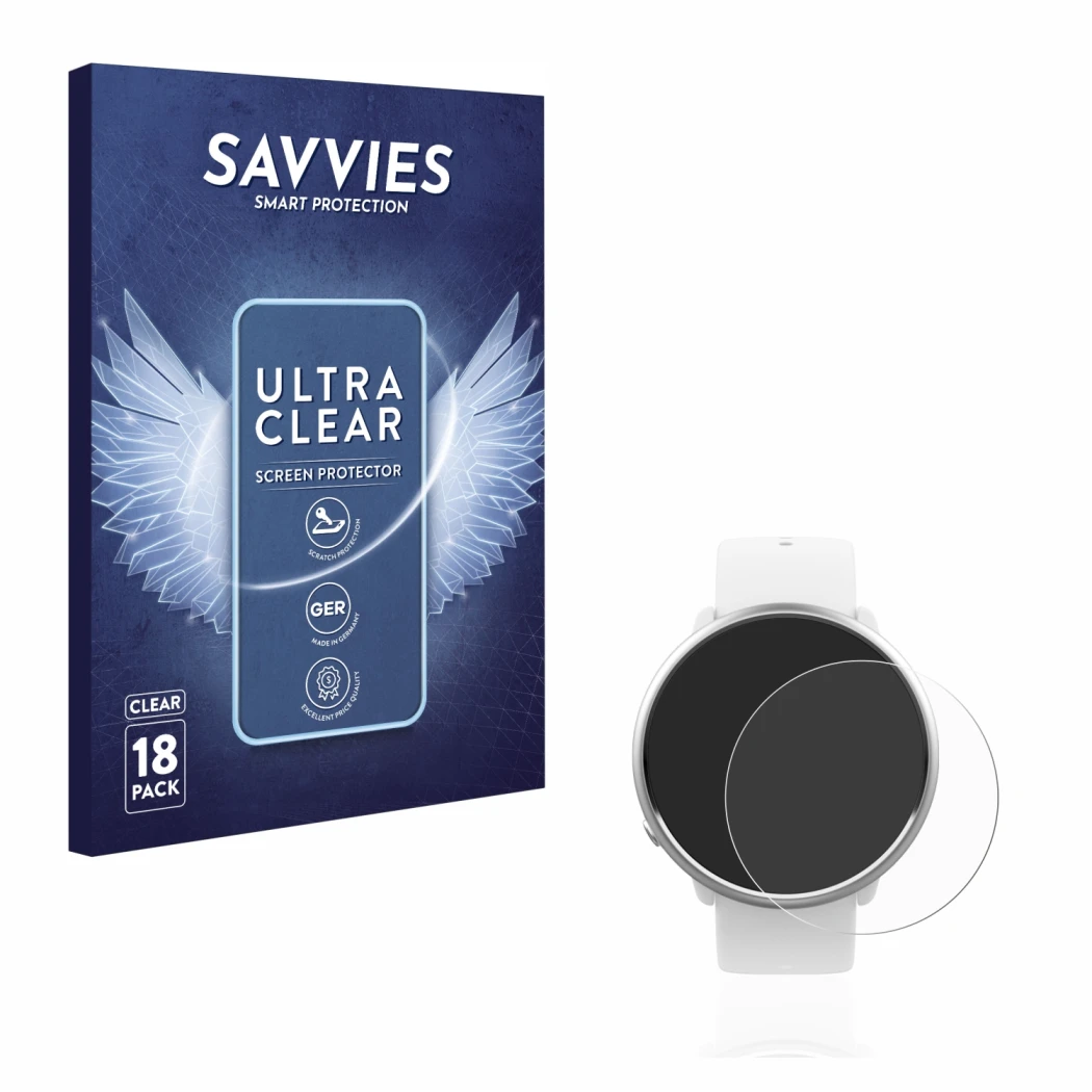Face avant d’un emballage produit avec le logo de la marque Savvies. À côté, l’appareil Polar Ignite est représenté avec la pr