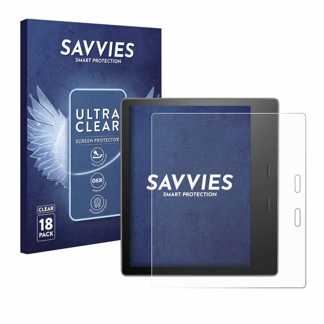 Face avant d’un emballage produit avec le logo de la marque Savvies. À côté, l’appareil Amazon Kindle Oasis 2019 (10ème Gen.) 