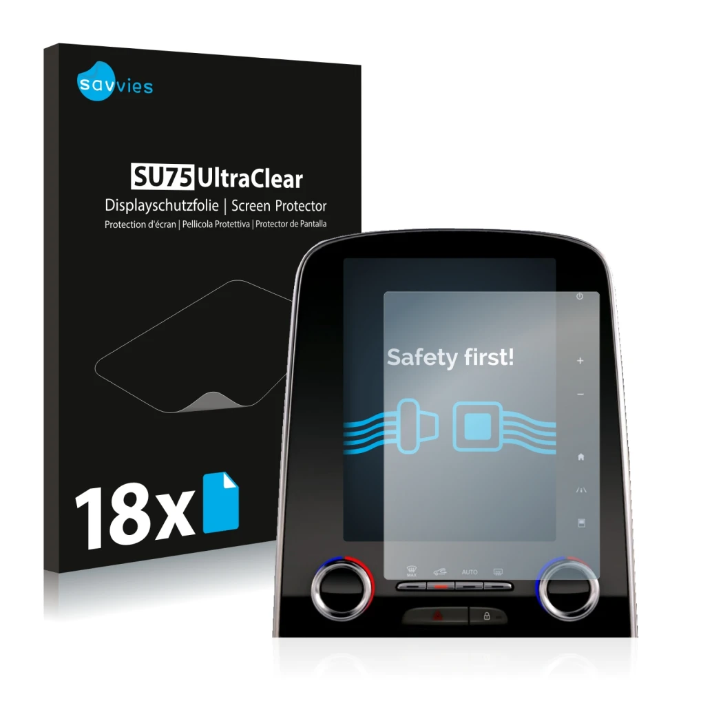 Face avant d’un emballage produit avec le logo de la marque Savvies. À côté, l’appareil Renault Espace R-Link 2 8.7