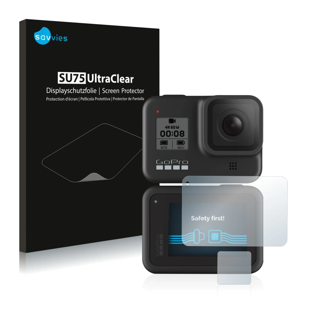 Face avant d’un emballage produit avec le logo de la marque Savvies. À côté, l’appareil GoPro Hero 8 Black est représenté avec