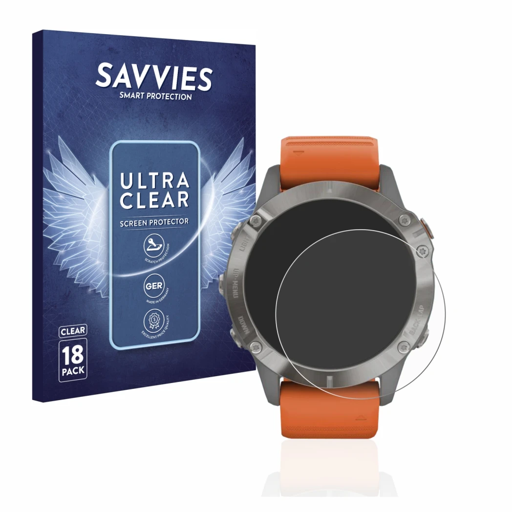 Face avant d’un emballage produit avec le logo de la marque Savvies. À côté, l’appareil Garmin Fenix 6 Pro est représenté avec