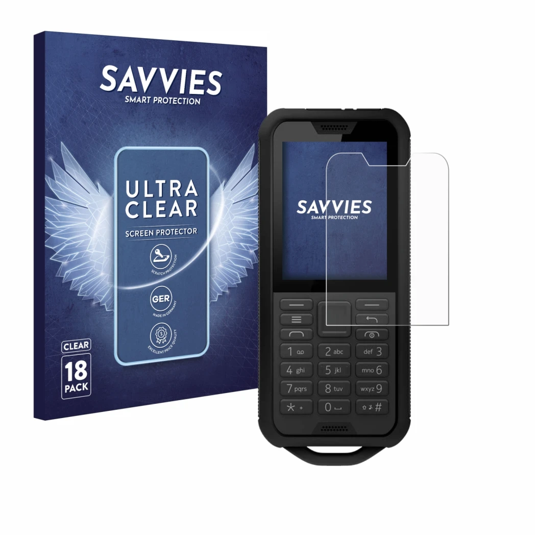 Face avant d’un emballage produit avec le logo de la marque Savvies. À côté, l’appareil Nokia 800 Tough est représenté avec la