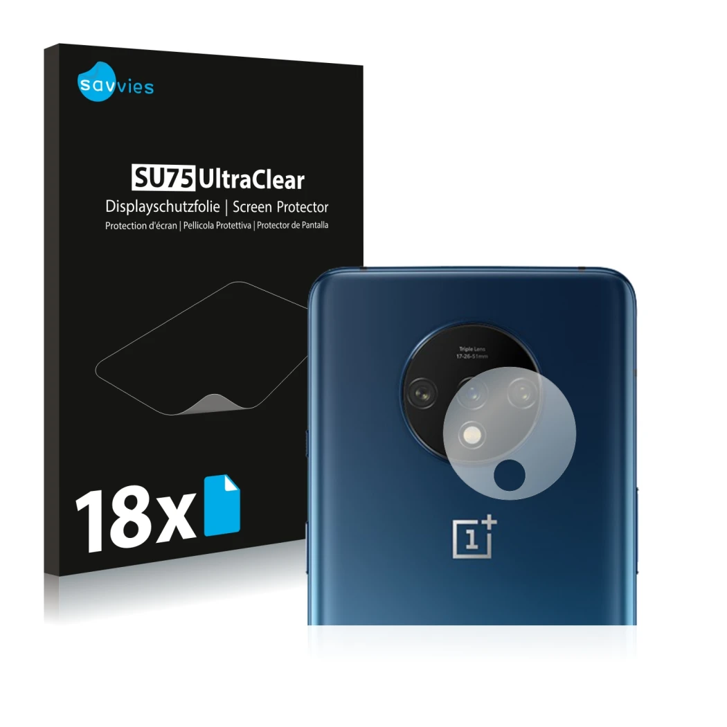 Face avant d’un emballage produit avec le logo de la marque Savvies. À côté, l’appareil OnePlus 7T (Caméra UNIQUEMENT) est rep