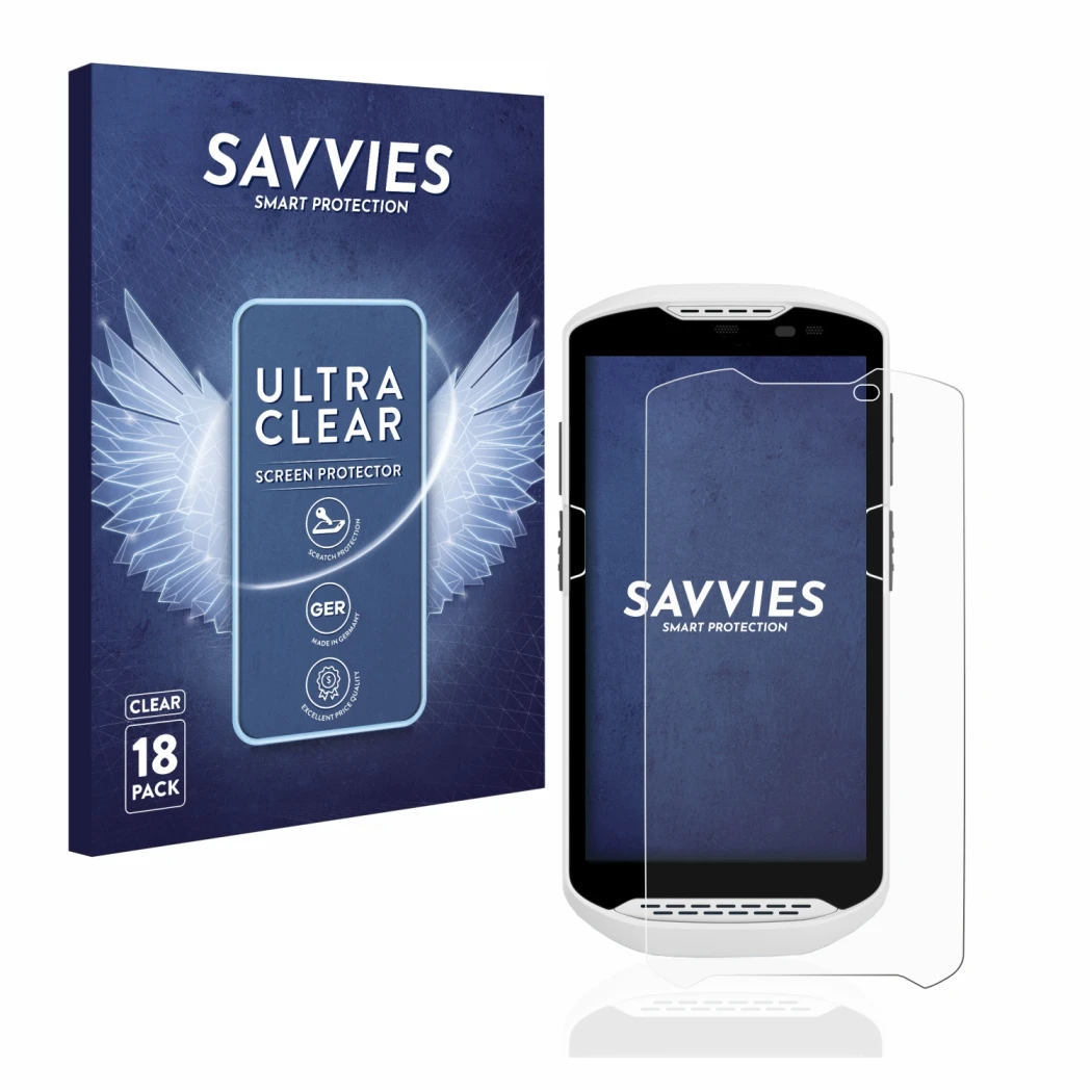 Face avant d’un emballage produit avec le logo de la marque Savvies. À côté, l’appareil Zebra TC57 est représenté avec la prot
