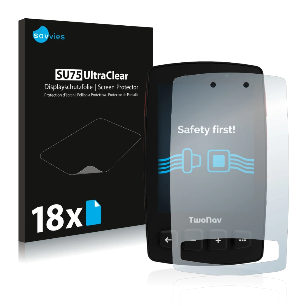 Face avant d’un emballage produit avec le logo de la marque Savvies. À côté, l’appareil TwoNav Trail 2 est représenté avec la 