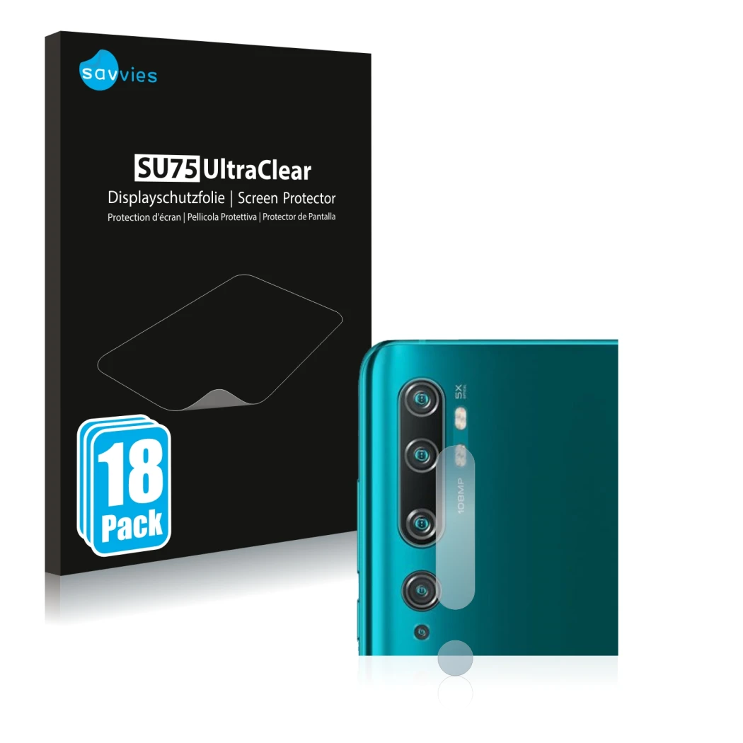 Face avant d’un emballage produit avec le logo de la marque Savvies. À côté, l’appareil Xiaomi Mi Note 10 Pro (Caméra UNIQUEME