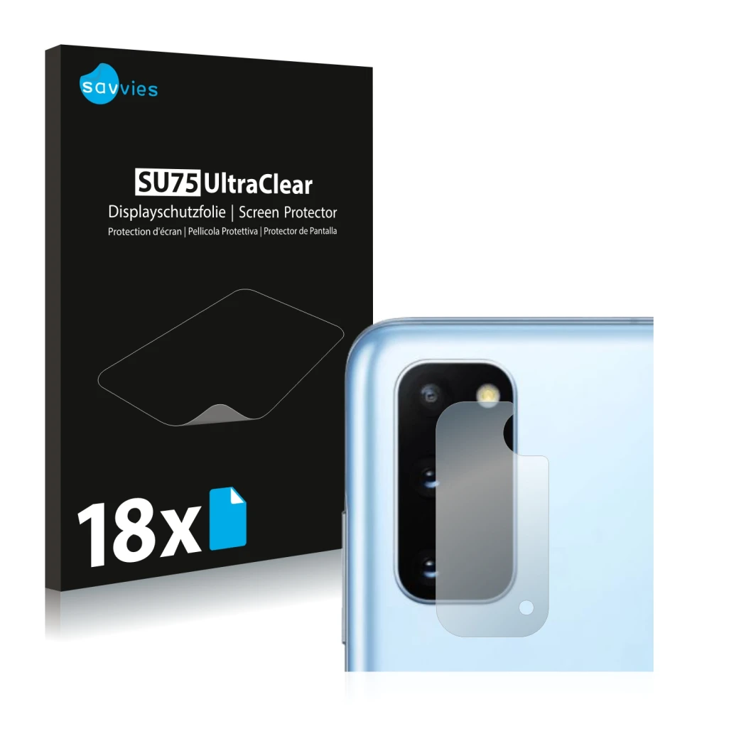 Face avant d’un emballage produit avec le logo de la marque Savvies. À côté, l’appareil Samsung Galaxy S20 (Caméra UNIQUEMENT)