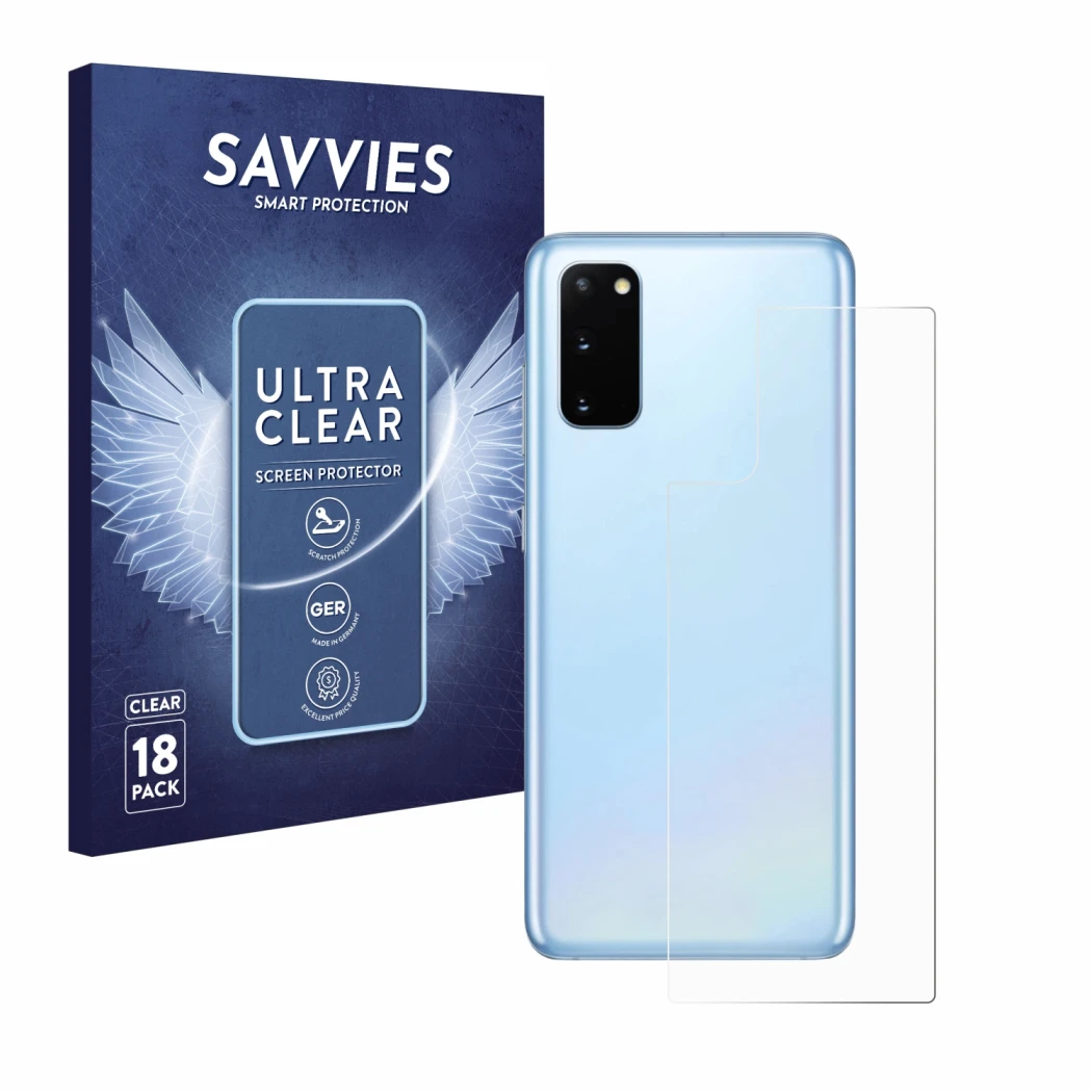 Face avant d’un emballage produit avec le logo de la marque Savvies. À côté, l’appareil Samsung Galaxy S20 (Arrière) est repré