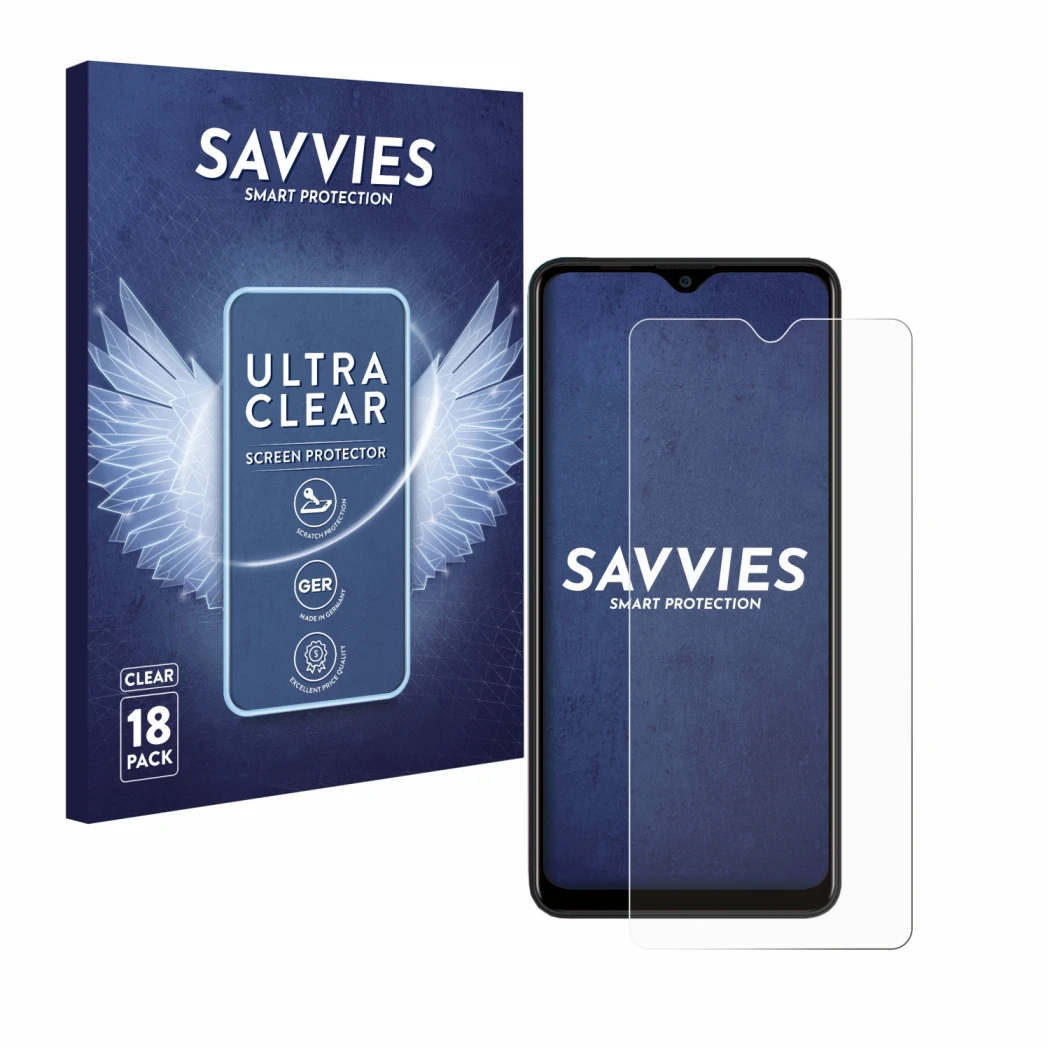 Face avant d’un emballage produit avec le logo de la marque Savvies. À côté, l’appareil Blackview A80 Pro est représenté avec 
