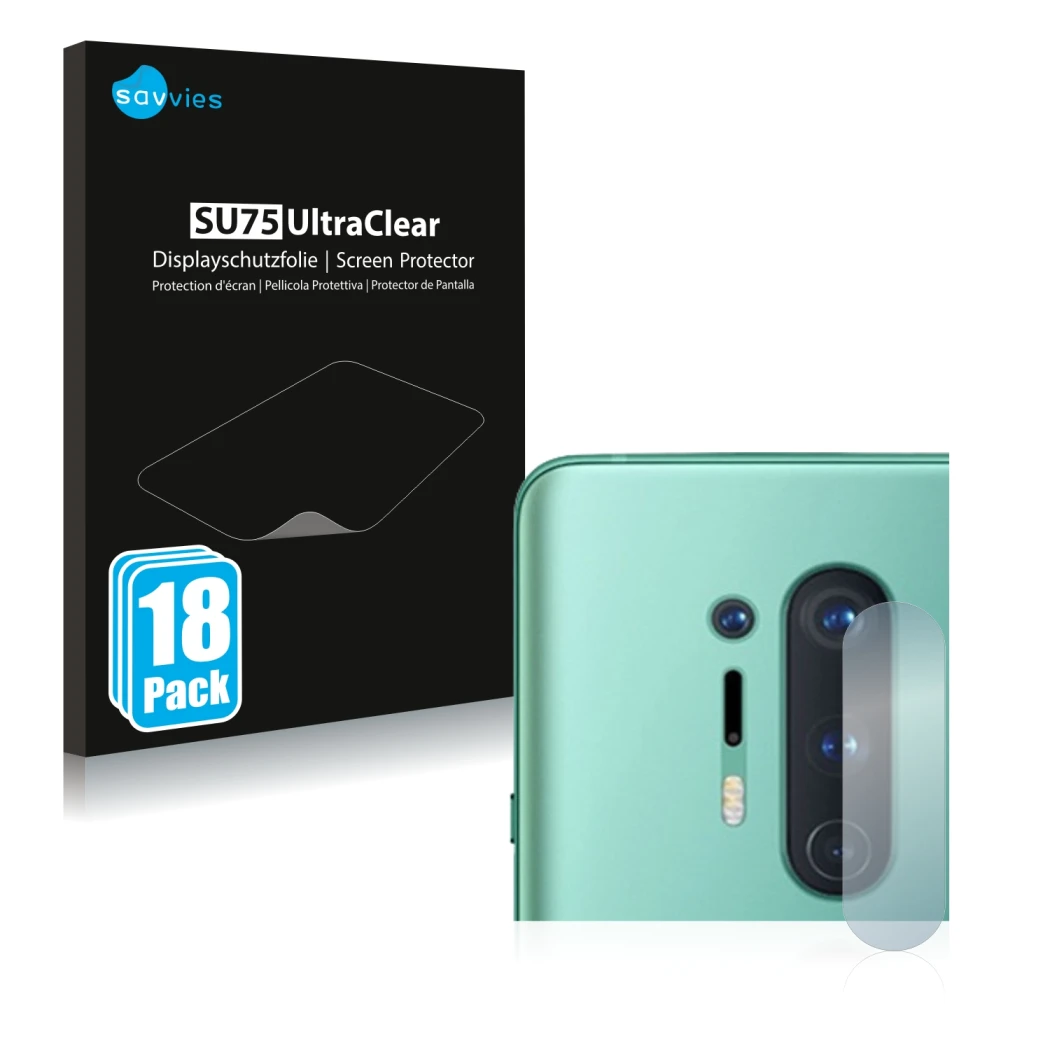 Face avant d’un emballage produit avec le logo de la marque Savvies. À côté, l’appareil OnePlus 8 Pro (Caméra UNIQUEMENT) est 