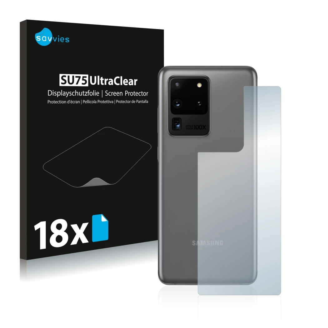 Face avant d’un emballage produit avec le logo de la marque Savvies. À côté, l’appareil Samsung Galaxy S20 Ultra (Arrière) est