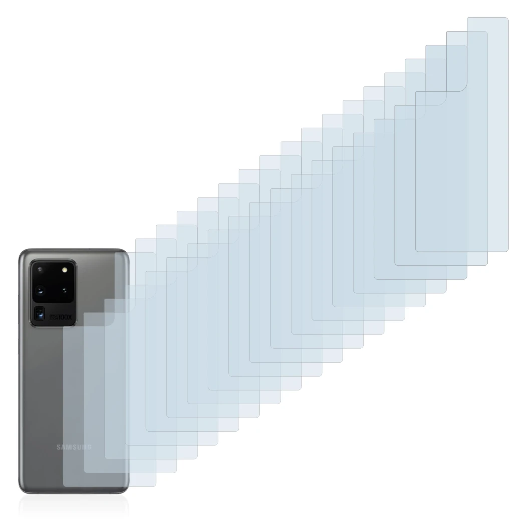 Image de l'appareil Samsung Galaxy S20 Ultra (Arrière) avec une grande variété de protections d'écran.