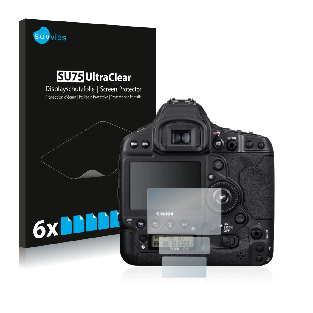 Face avant d’un emballage produit avec le logo de la marque Savvies. À côté, l’appareil Canon EOS 1D X Mark III est représenté