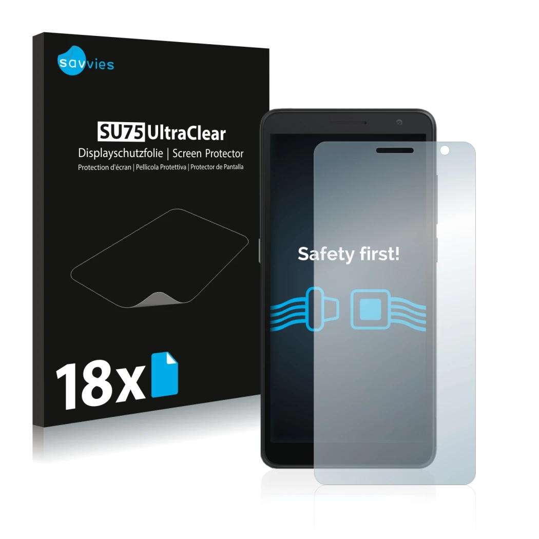 Face avant d’un emballage produit avec le logo de la marque Savvies. À côté, l’appareil Alcatel 1B 2020 est représenté avec la