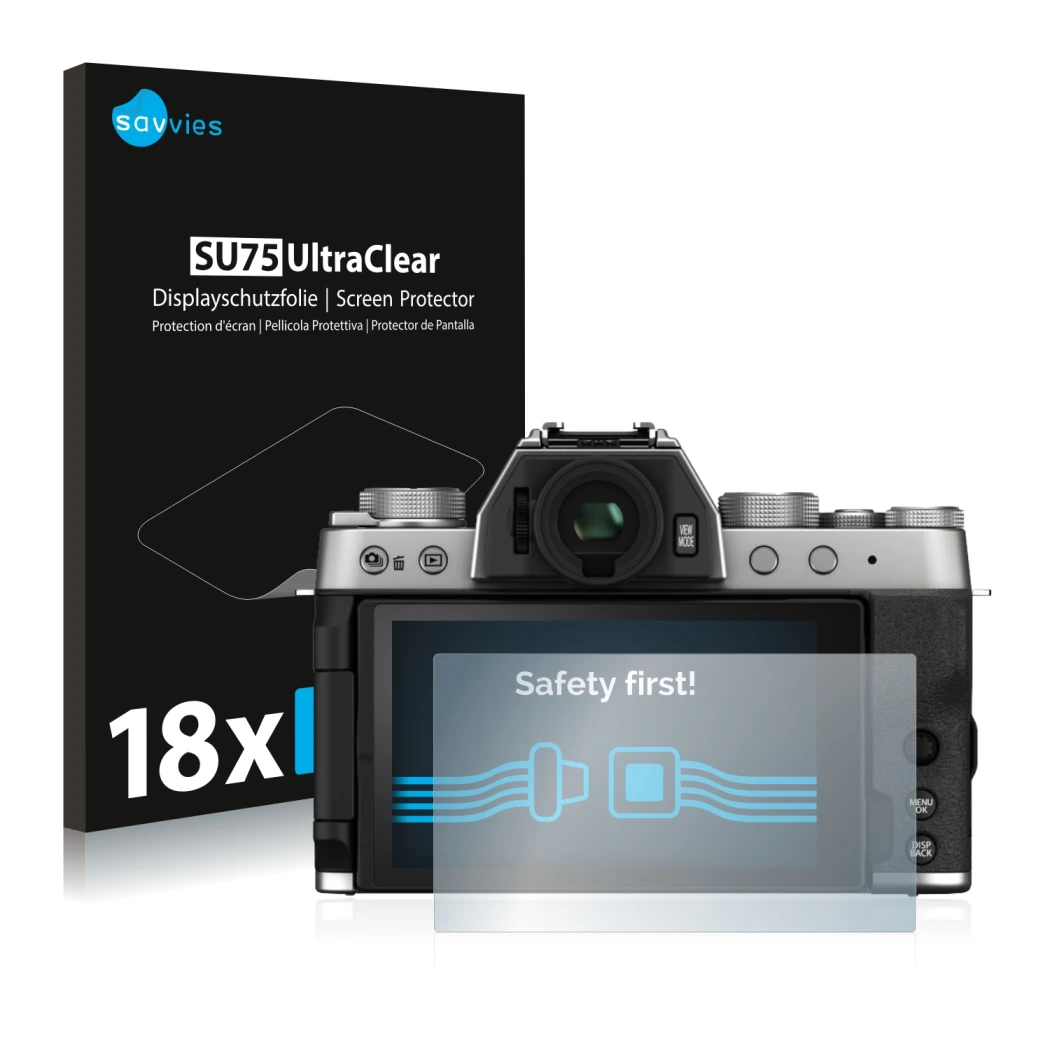 Face avant d’un emballage produit avec le logo de la marque Savvies. À côté, l’appareil Fujifilm X-T200 est représenté avec la