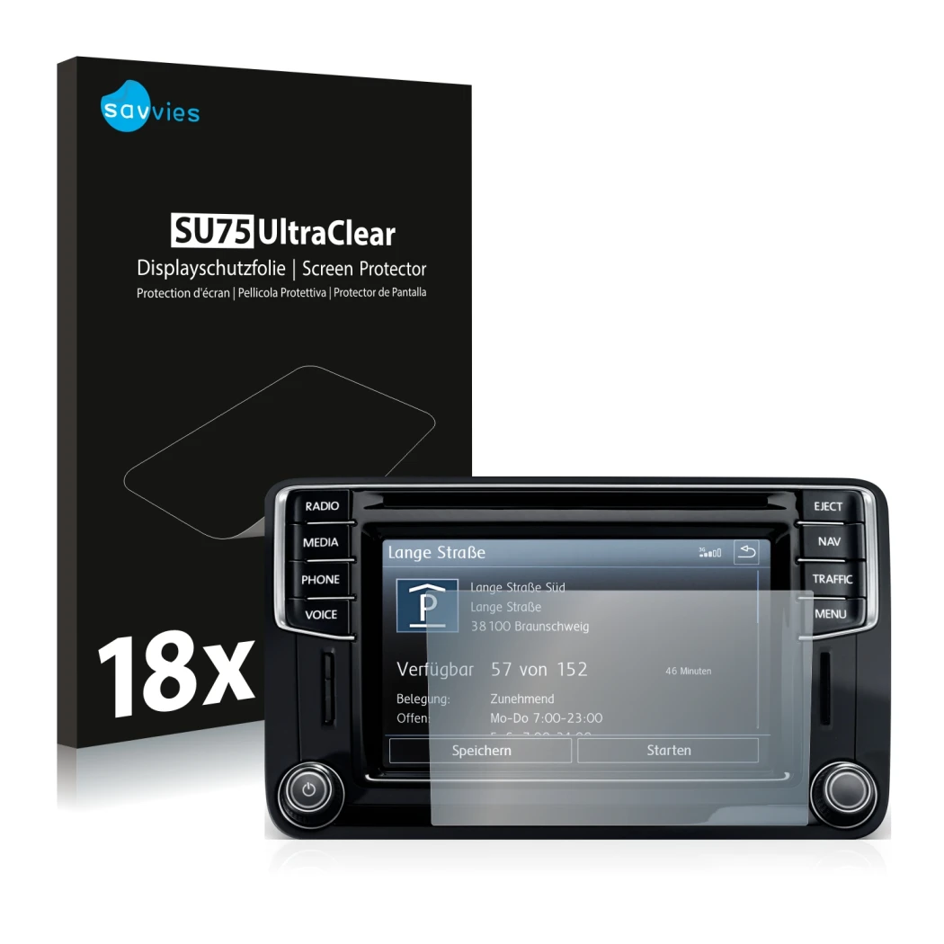 Face avant d’un emballage produit avec le logo de la marque Savvies. À côté, l’appareil Volkswagen Caddy 2015 Discover Media 6