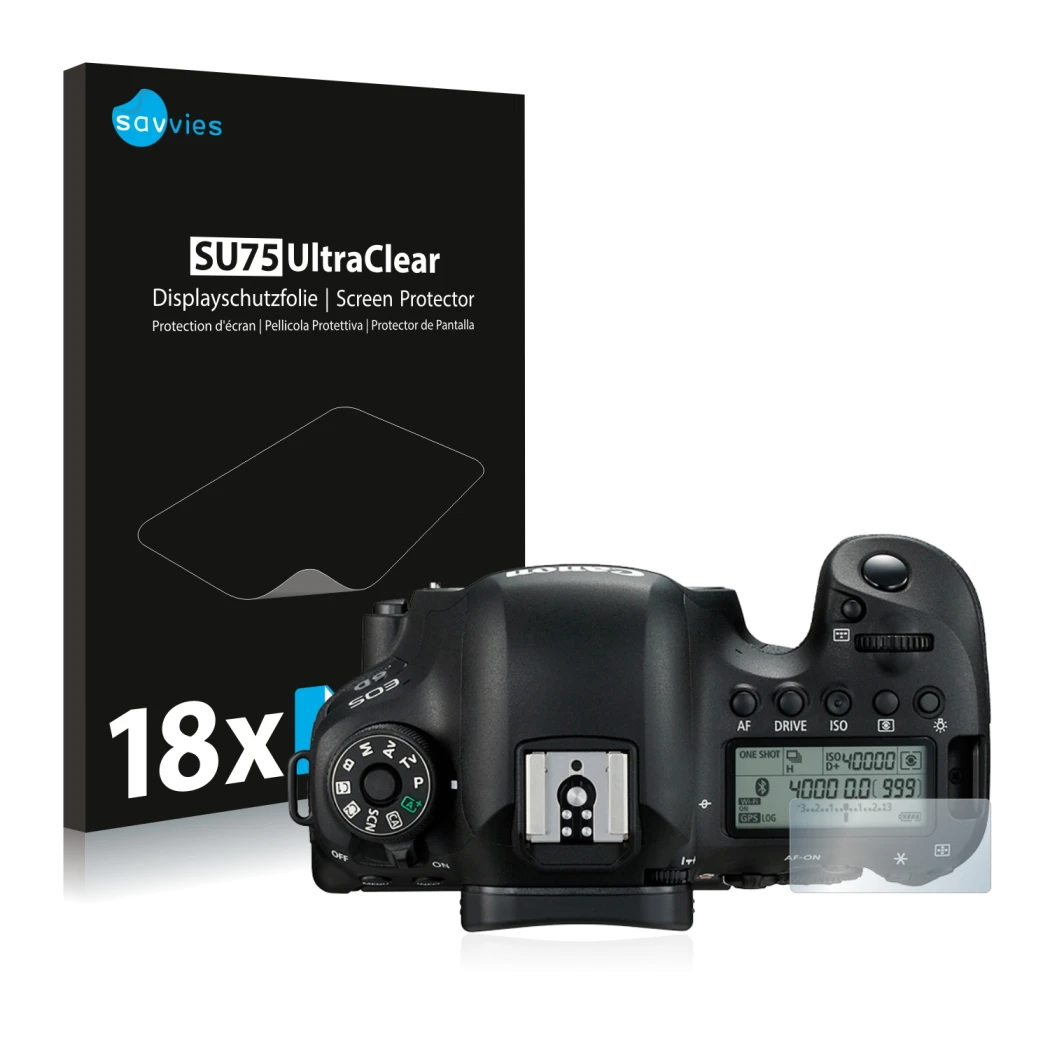 Face avant d’un emballage produit avec le logo de la marque Savvies. À côté, l’appareil Canon EOS 6D (affichage des épaules) e