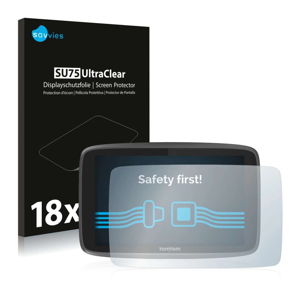 Face avant d’un emballage produit avec le logo de la marque Savvies. À côté, l’appareil TomTom Go Professional 6250 est représ