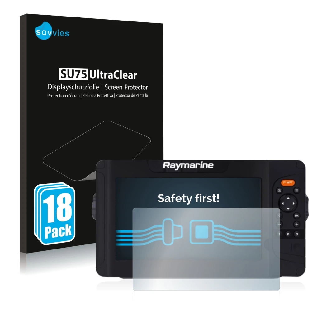 Face avant d’un emballage produit avec le logo de la marque Savvies. À côté, l’appareil Raymarine Element 7 HV est représenté 