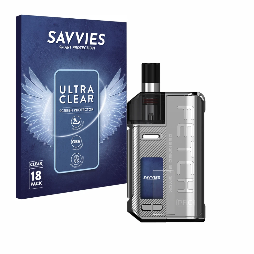 Face avant d’un emballage produit avec le logo de la marque Savvies. À côté, l’appareil Smok Fetch 80W Pro est représenté avec