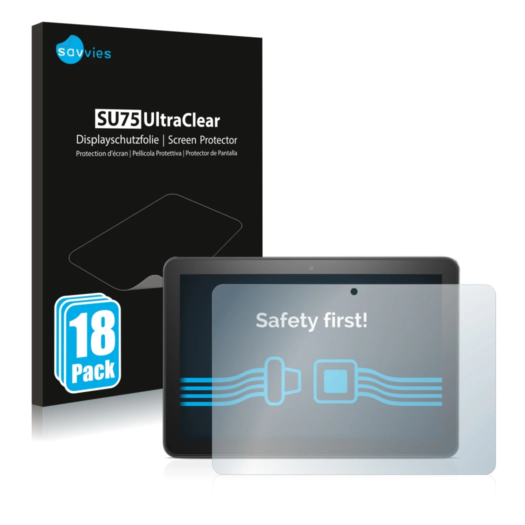 Face avant d’un emballage produit avec le logo de la marque Savvies. À côté, l’appareil Amazon Fire HD 8 Plus 2020 (10ème Gen.