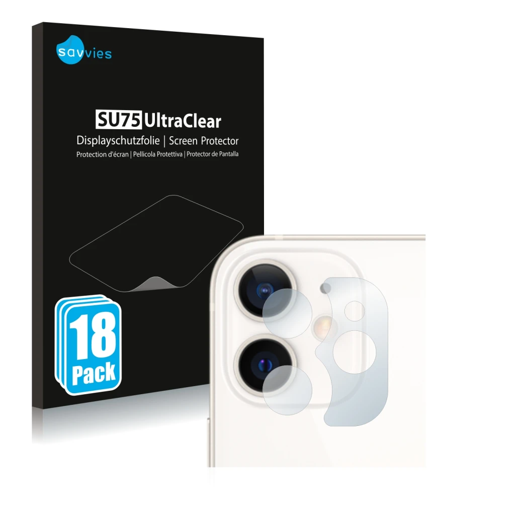 Face avant d’un emballage produit avec le logo de la marque Savvies. À côté, l’appareil Apple iPhone 12 mini (Caméra UNIQUEMEN