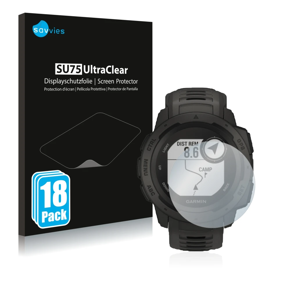 Face avant d’un emballage produit avec le logo de la marque Savvies. À côté, l’appareil Garmin Instinct Solar est représenté a