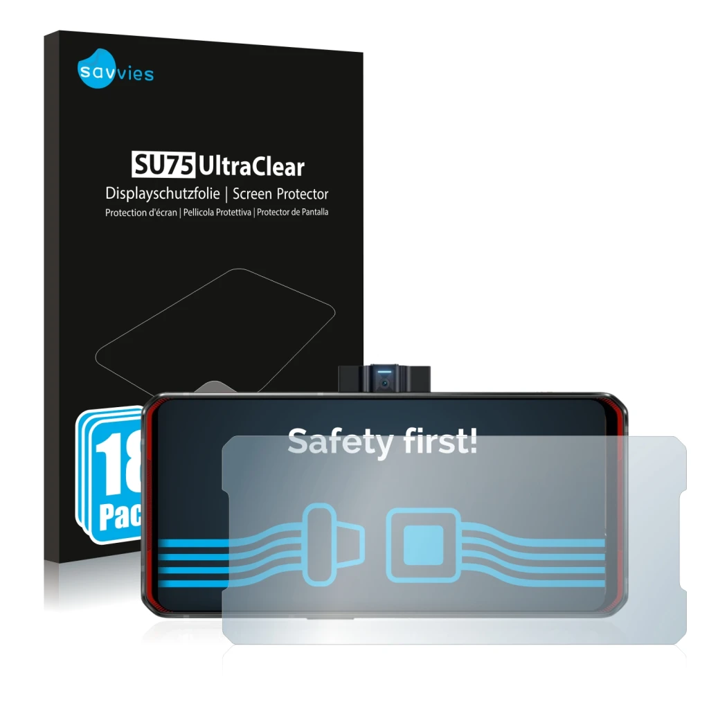 Face avant d’un emballage produit avec le logo de la marque Savvies. À côté, l’appareil Lenovo Legion Duel est représenté avec