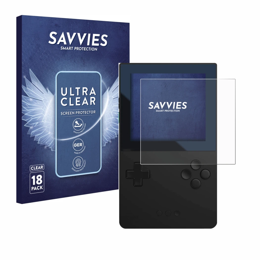 Face avant d’un emballage produit avec le logo de la marque Savvies. À côté, l’appareil Analogue Pocket est représenté avec la