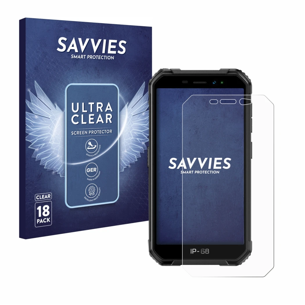 Face avant d’un emballage produit avec le logo de la marque Savvies. À côté, l’appareil Ulefone Armor X6 est représenté avec l