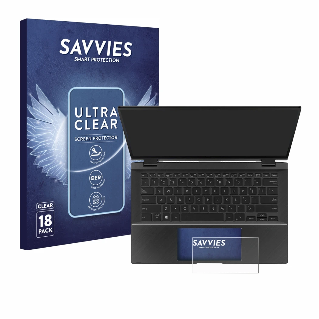 Face avant d’un emballage produit avec le logo de la marque Savvies. À côté, l’appareil ASUS ZenBook Flip 14 UX463FA (Touch Tr