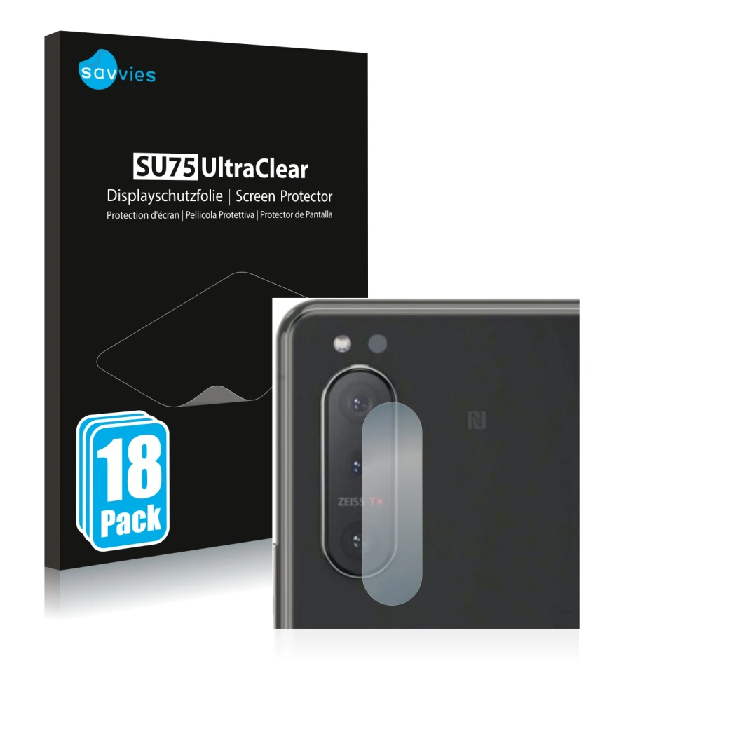 Face avant d’un emballage produit avec le logo de la marque Savvies. À côté, l’appareil Sony Xperia 5 II (Caméra UNIQUEMENT) e