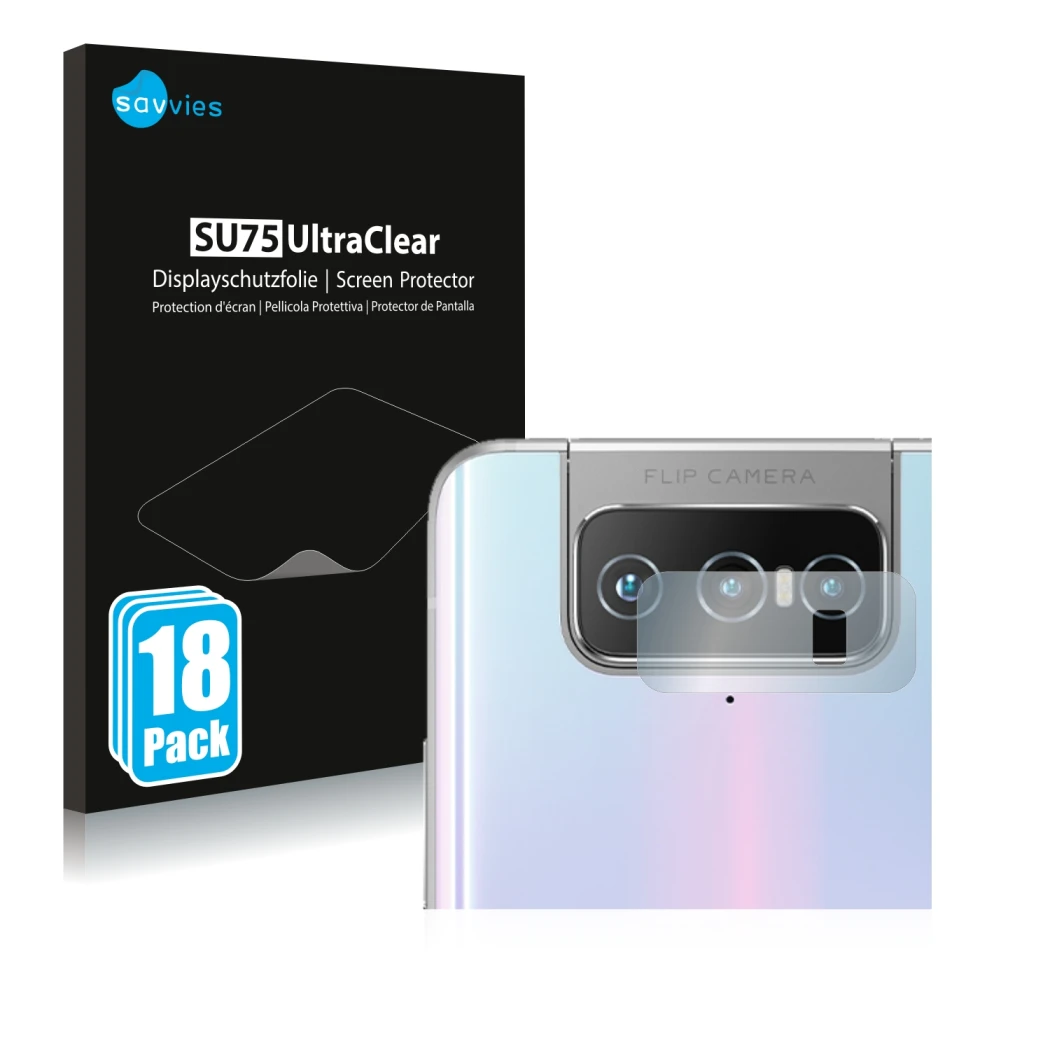 Face avant d’un emballage produit avec le logo de la marque Savvies. À côté, l’appareil ASUS Zenfone 7 Pro ZS671KS (Caméra UNI