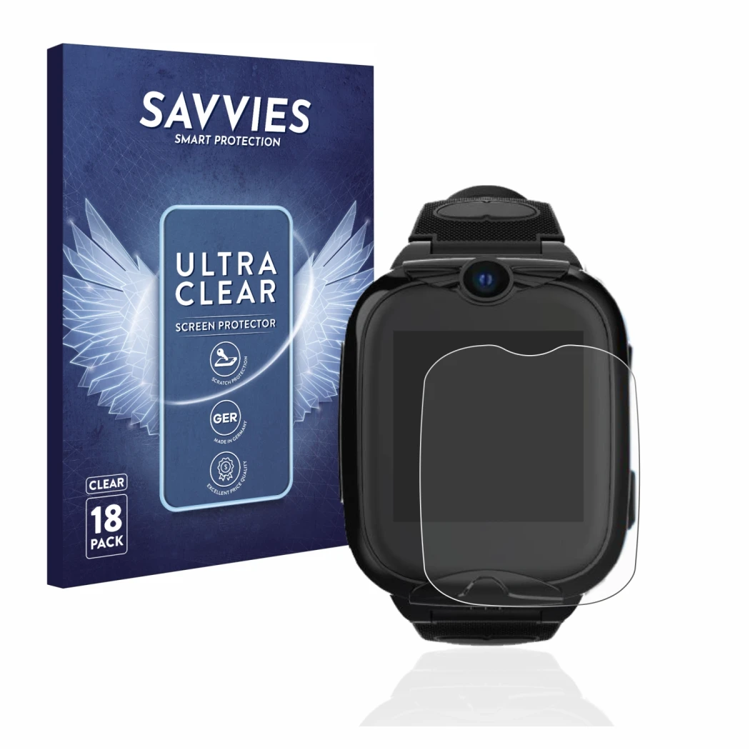 Face avant d’un emballage produit avec le logo de la marque Savvies. À côté, l’appareil Xplora Go 2 est représenté avec la pro