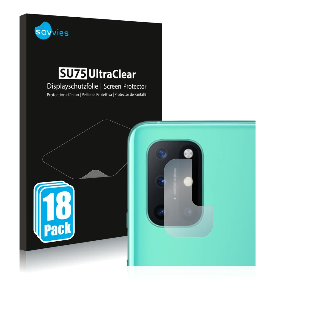 Face avant d’un emballage produit avec le logo de la marque Savvies. À côté, l’appareil OnePlus 8T (Caméra UNIQUEMENT) est rep