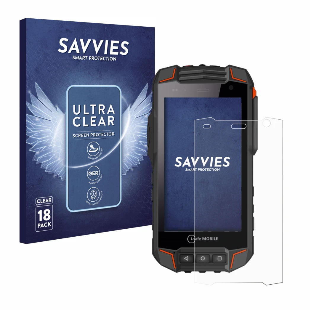 Face avant d’un emballage produit avec le logo de la marque Savvies. À côté, l’appareil i.safe MOBILE IS530.1 est représenté a