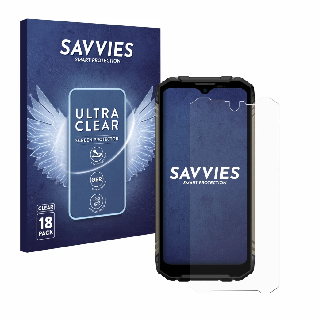 Face avant d’un emballage produit avec le logo de la marque Savvies. À côté, l’appareil Doogee S96 Pro est représenté avec la 