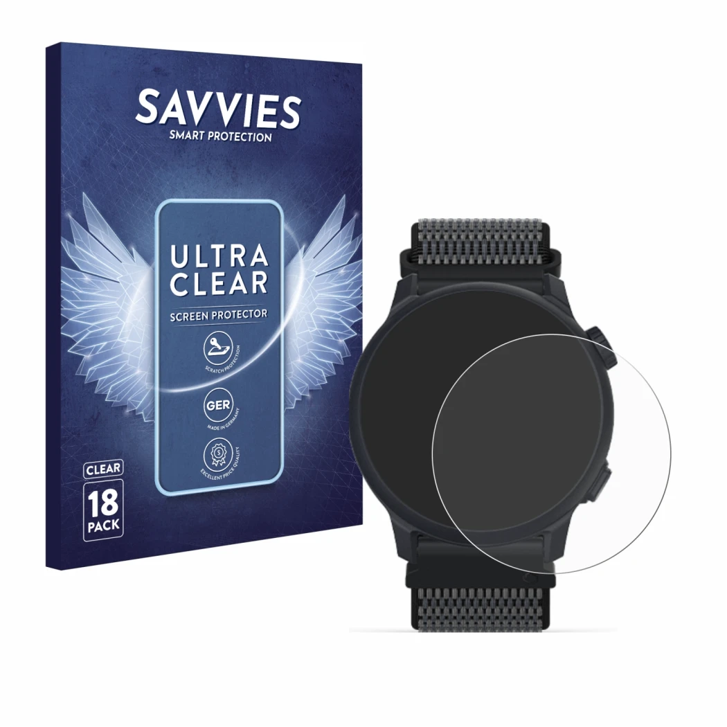 Face avant d’un emballage produit avec le logo de la marque Savvies. À côté, l’appareil Coros Pace 2 est représenté avec la pr