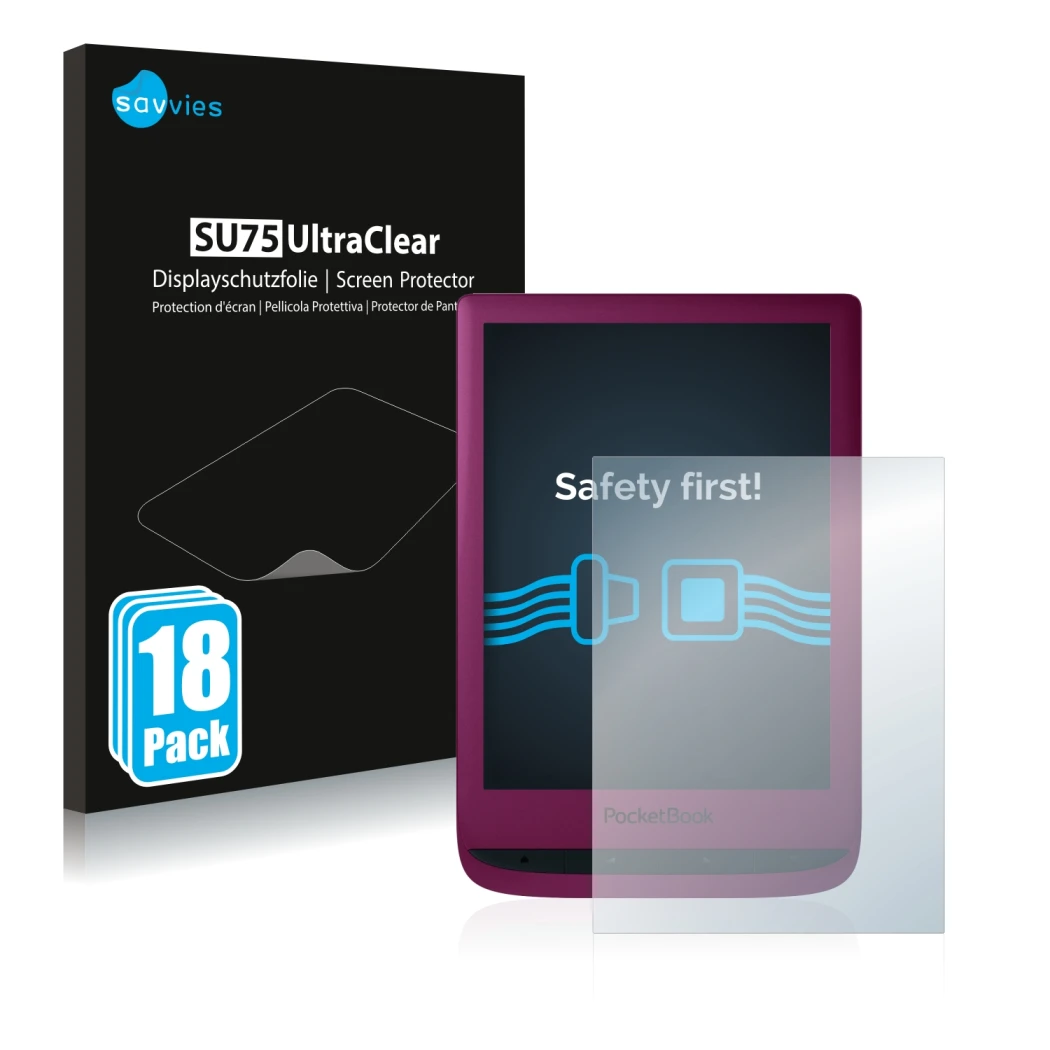 Face avant d’un emballage produit avec le logo de la marque Savvies. À côté, l’appareil PocketBook Touch Lux 5 est représenté 