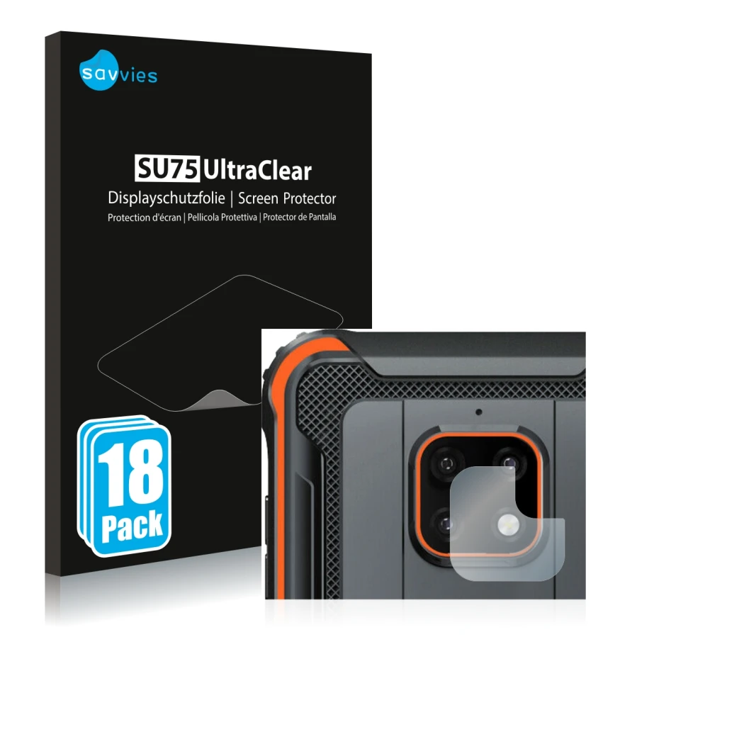 Face avant d’un emballage produit avec le logo de la marque Savvies. À côté, l’appareil Blackview BV4900 Pro (Caméra UNIQUEMEN