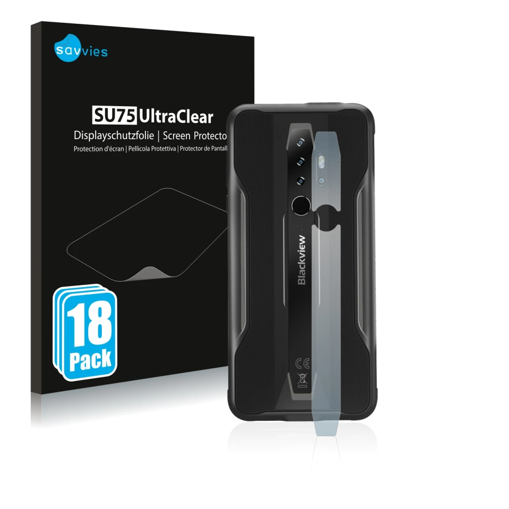 Face avant d’un emballage produit avec le logo de la marque Savvies. À côté, l’appareil Blackview BV6300 Pro (Caméra UNIQUEMEN