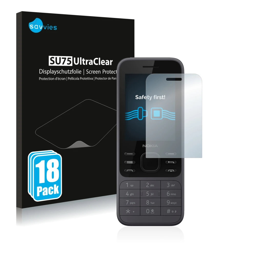 Face avant d’un emballage produit avec le logo de la marque Savvies. À côté, l’appareil Nokia 6300 2020 est représenté avec la