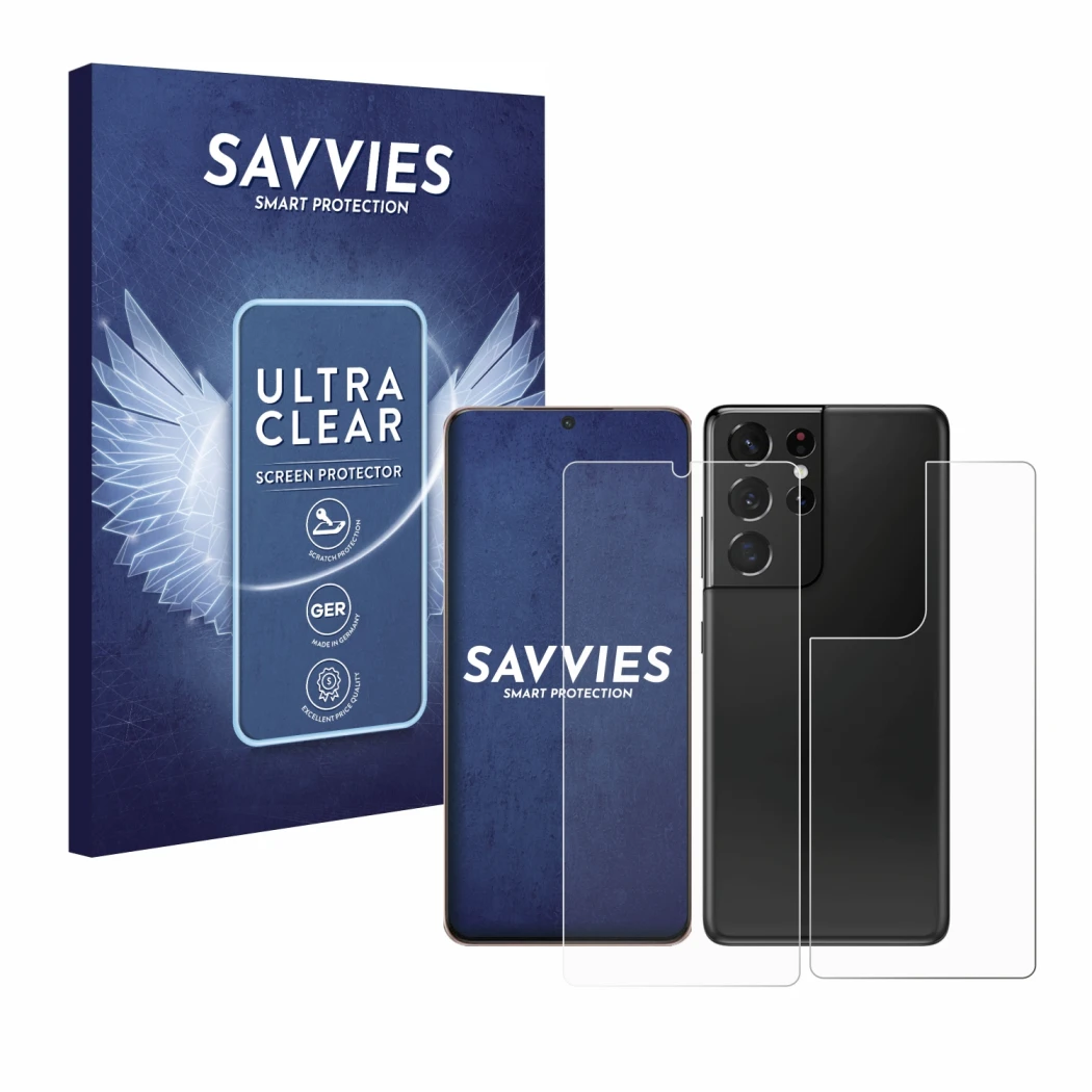 Face avant d’un emballage produit avec le logo de la marque Savvies. À côté, l’appareil Samsung Galaxy S21 Ultra 5G (Avant+Arr