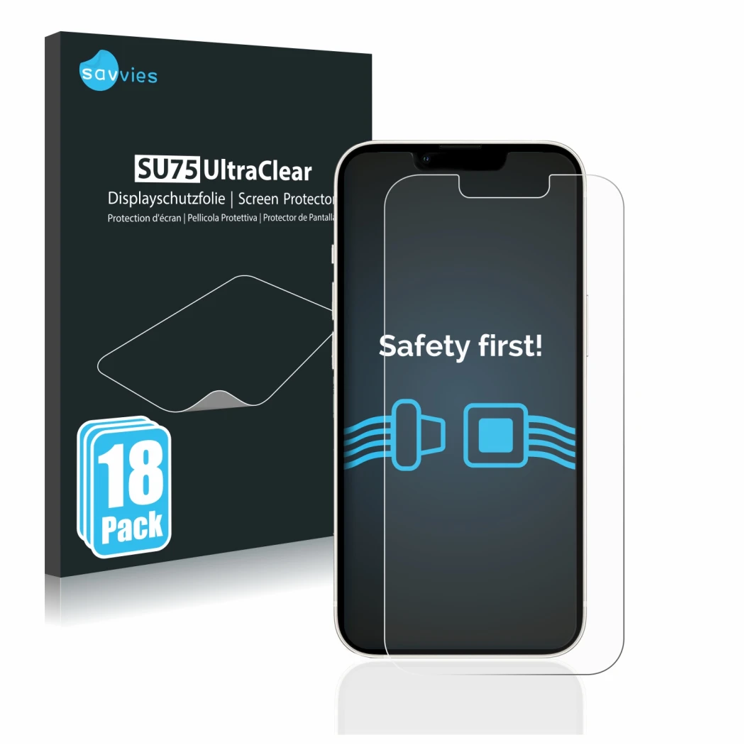 Face avant d’un emballage produit avec le logo de la marque Savvies. À côté, l’appareil Apple iPhone 13 est représenté avec la