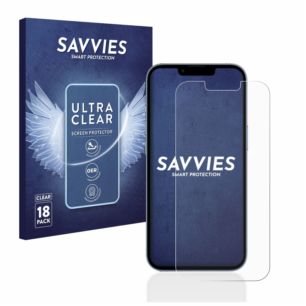 Face avant d’un emballage produit avec le logo de la marque Savvies. À côté, l’appareil Apple iPhone 13 Pro est représenté ave