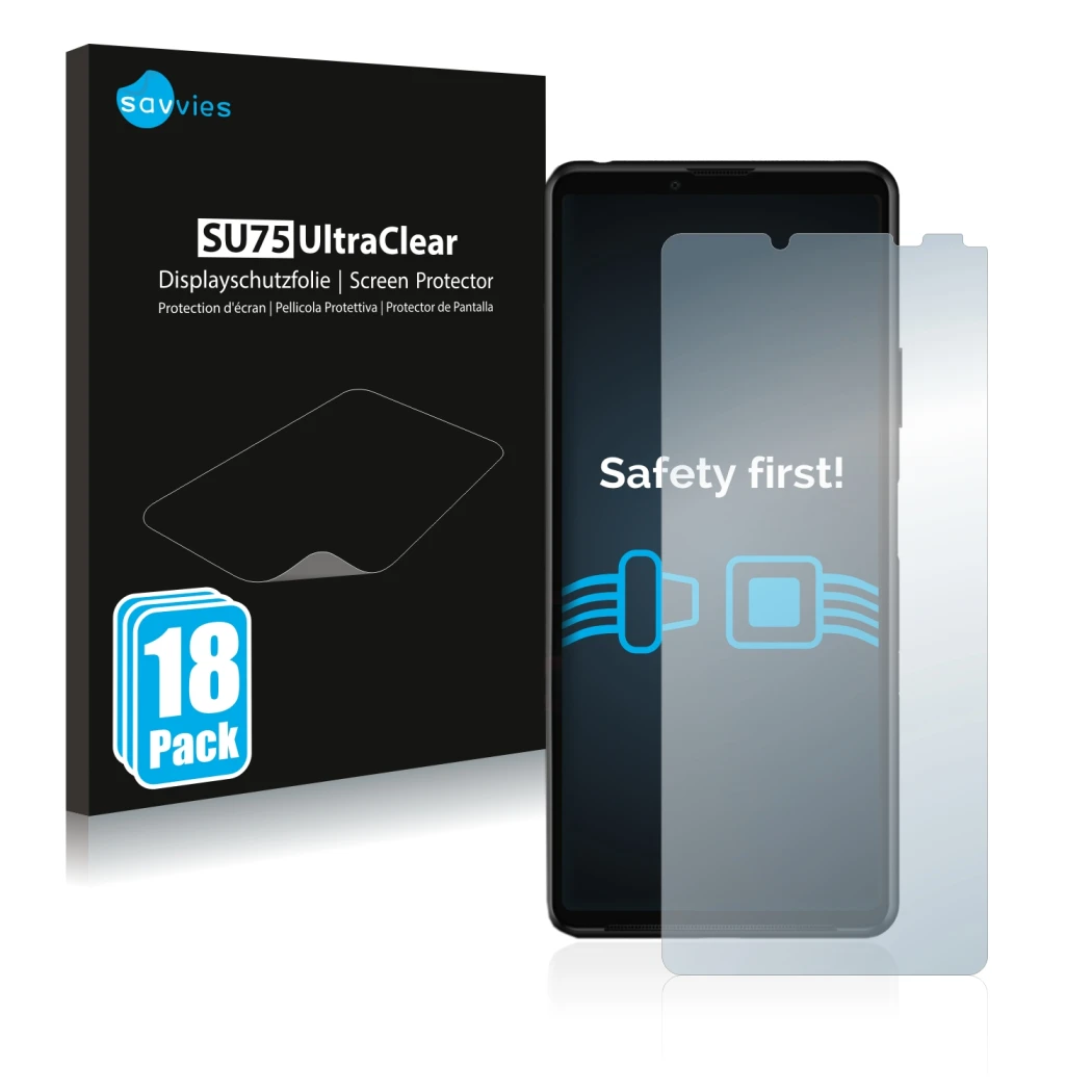 Face avant d’un emballage produit avec le logo de la marque Savvies. À côté, l’appareil Sony Xperia 10 III est représenté avec