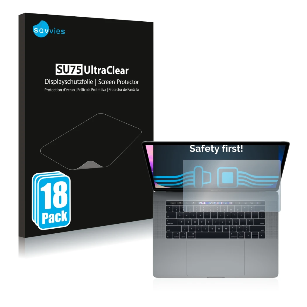 Face avant d’un emballage produit avec le logo de la marque Savvies. À côté, l’appareil Apple MacBook Pro 15