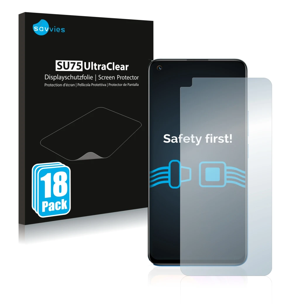 Face avant d’un emballage produit avec le logo de la marque Savvies. À côté, l’appareil realme 8 est représenté avec la protec