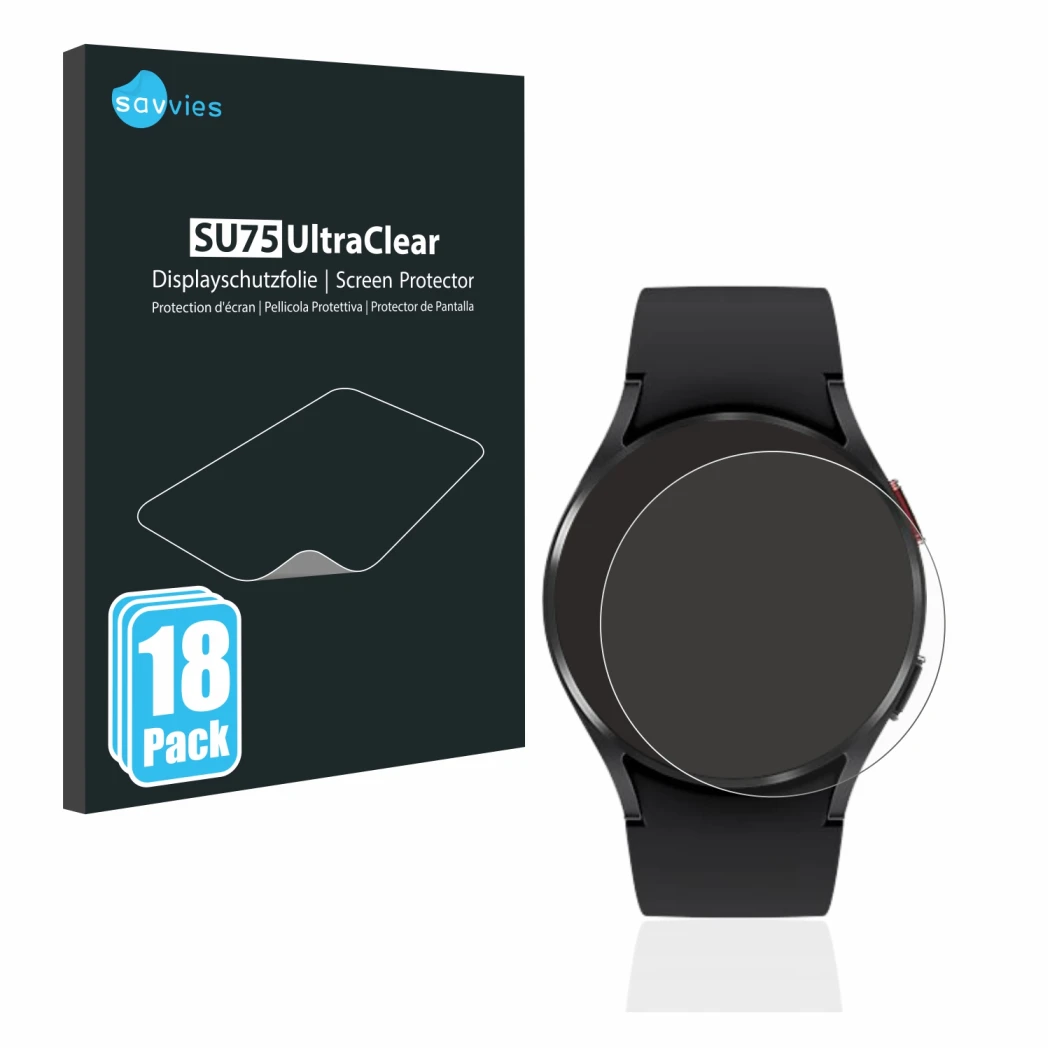 Face avant d’un emballage produit avec le logo de la marque Savvies. À côté, l’appareil Samsung Galaxy Watch 4 (40mm) est repr