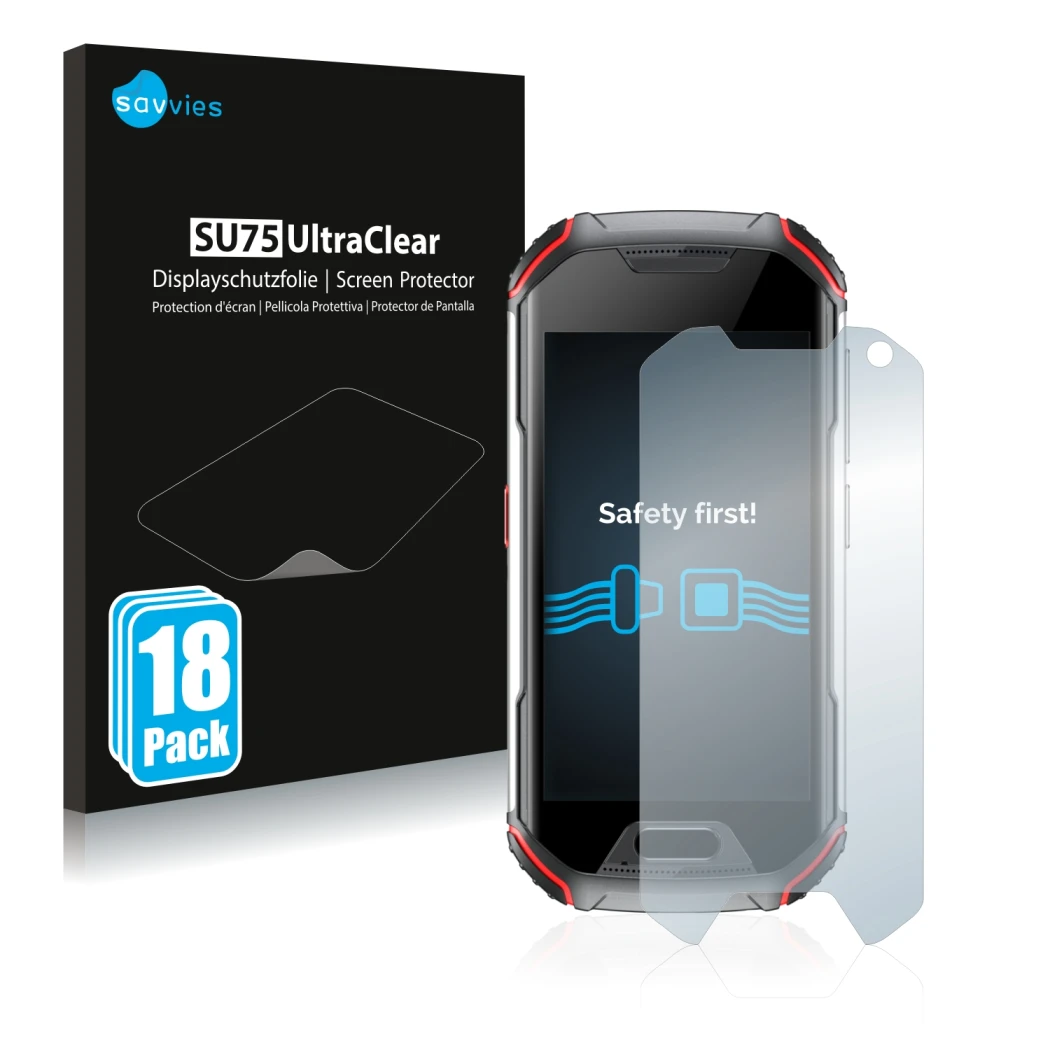 Face avant d’un emballage produit avec le logo de la marque Savvies. À côté, l’appareil Unihertz Atom XL est représenté avec l